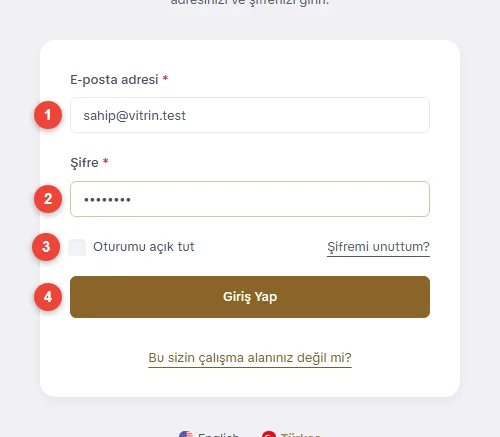 Giriş ekranı: e-posta, şifre, oturumu açık tut ve Giriş Yap düğmesi