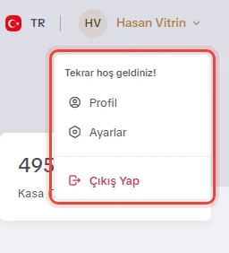 Kullanıcı menüsü: Profil, Ayarlar ve Çıkış Yap