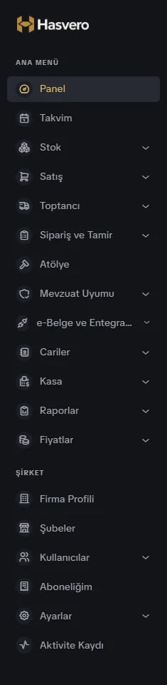 Sol menü: Panel, Stok, Satış, Toptancı, Sipariş ve Tamir, Cariler, Kasa, Raporlar ve Ayarlar başlıkları