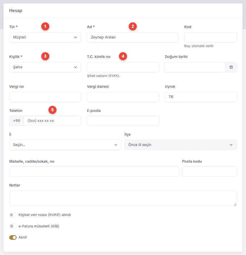 Yeni cari formu: tür, ad, kişilik, T.C. kimlik no ve telefon alanları
