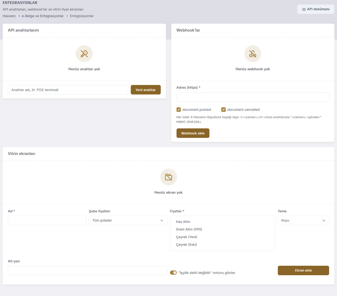 Entegrasyonlar ekranı: API anahtarları, webhooklar ve vitrin ekranları