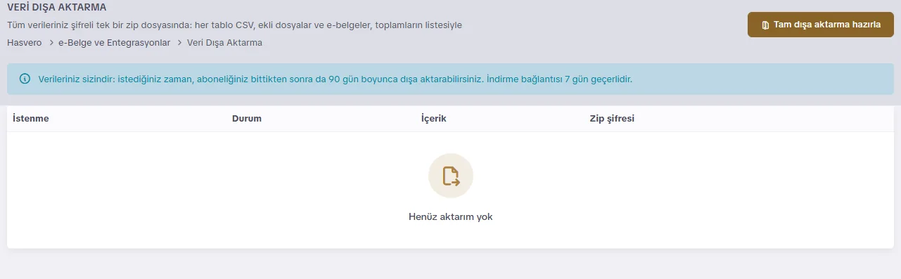 Veri dışa aktarma ekranı: tam dışa aktarma hazırla düğmesi ve aktarımlar listesi