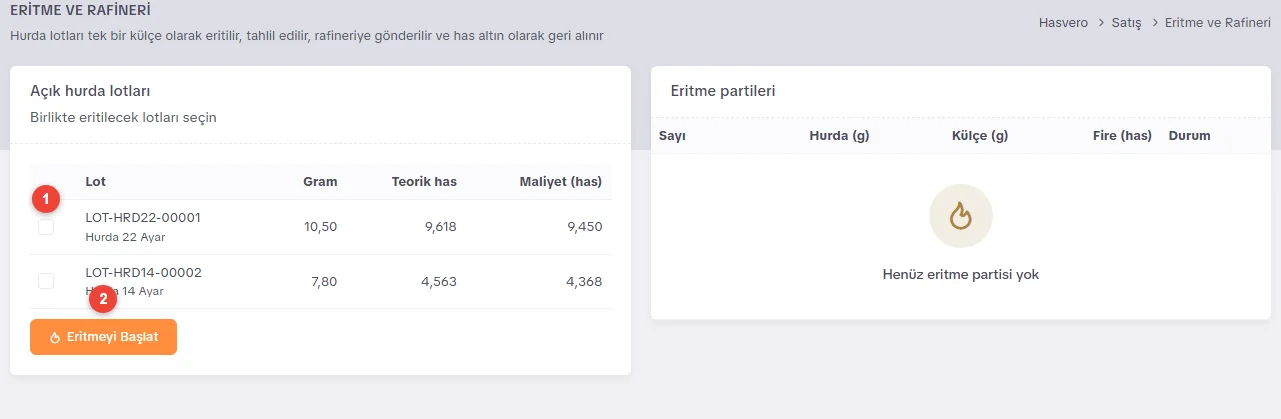 Eritme ve rafineri ekranı: açık hurda lotları listesi, işaret kutuları ve Eritmeyi Başlat düğmesi; sağda eritme partileri