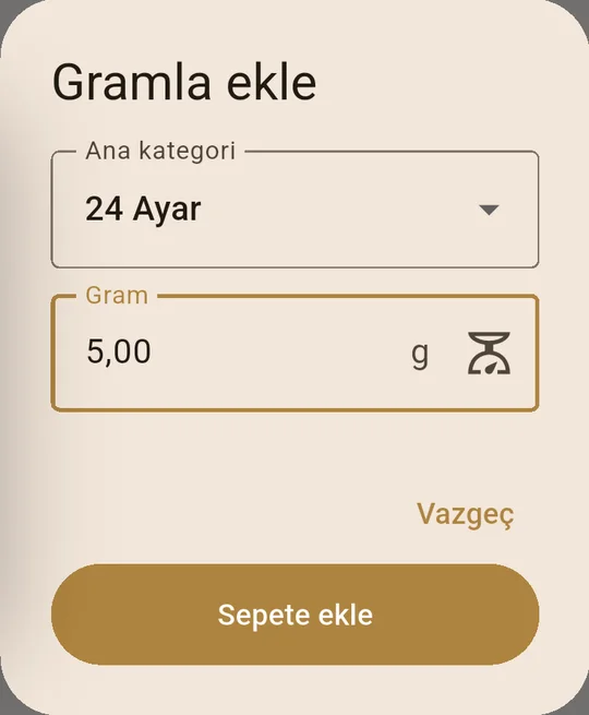 Gramla ekle penceresi: ana kategori, gram ve Sepete ekle