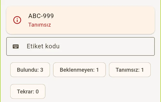 Telefonda sayım: son okutulan kod ve sonucu, etiket kodu kutusu, Bulundu, Beklenmeyen, Tanımsız ve Tekrar sayıları