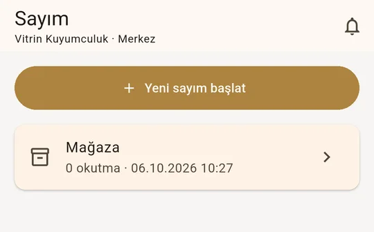 Telefonda Sayım sekmesi: Yeni sayım başlat düğmesi ve açık sayım