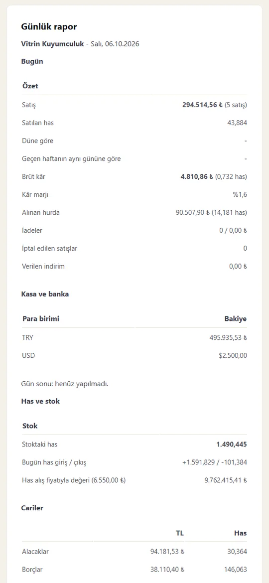 Günlük rapor e-postası: özet, kasa ve banka, has ve stok, cariler