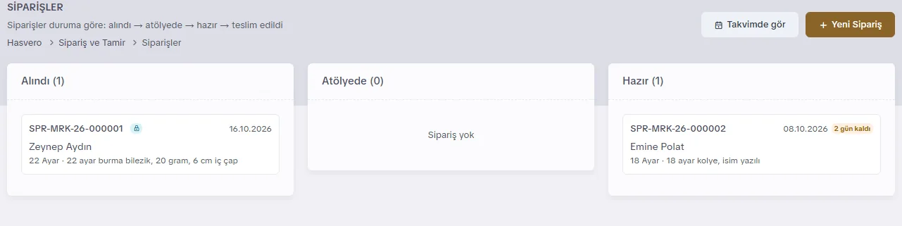 Siparişler panosu: Alındı, Atölyede ve Hazır sütunlarında sipariş kartları