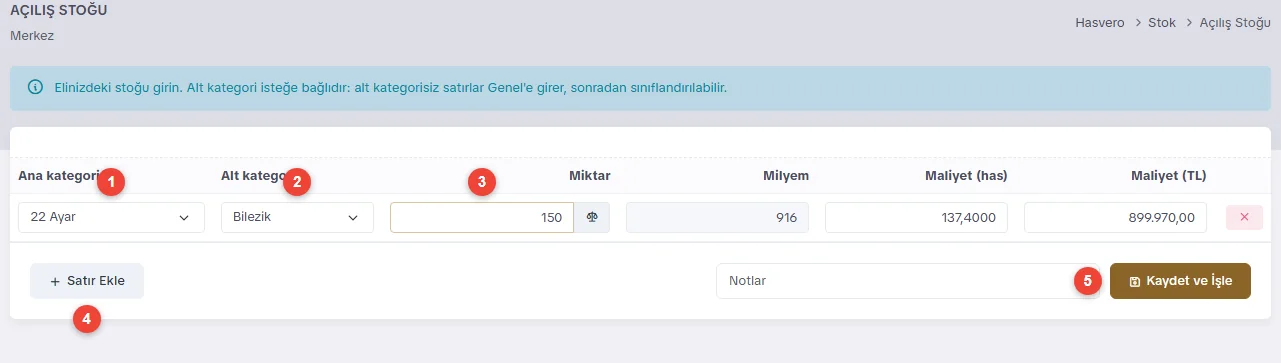 Açılış stoğu ekranı: ana kategori, alt kategori, miktar, milyem ve maliyet sütunları