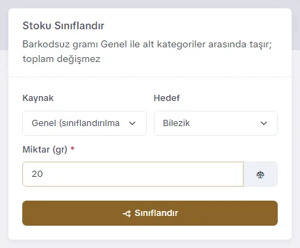 Stoku Sınıflandır bölümü: kaynak, hedef, miktar ve Sınıflandır düğmesi