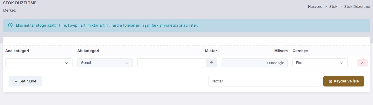 Stok düzeltme ekranı: ana kategori, alt kategori, miktar, milyem, gerekçe ve Kaydet ve İşle