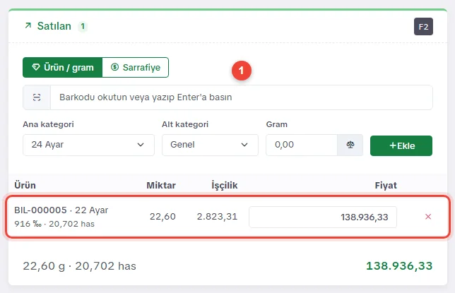 Barkodlu ürün eklendi: BIL-000005, 22 ayar, 22,60 gram ve fiyatı