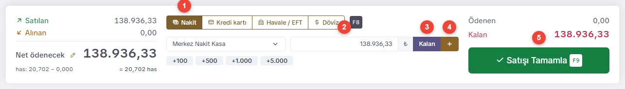 Ödeme bölümü: Nakit, kasa seçimi, tutar, Kalan ve ekle düğmesi, Satışı Tamamla