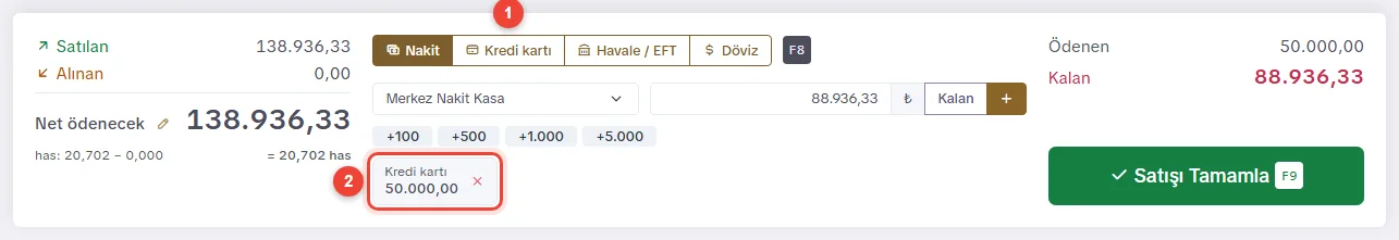 Parçalı ödeme: kredi kartıyla 50.000 TL eklendi, kalan tutar nakit için hazır
