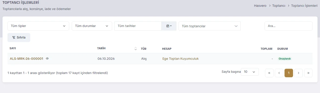 Toptancı işlemleri listesi: belge numarası, tarih, tür, toptancı ve toplam